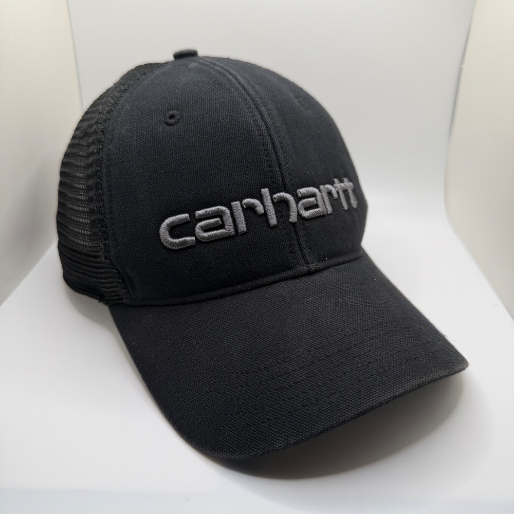 Carhartt Mens Black Mesh Back Trucker Hat Embroidered Logo Snapback Cap
